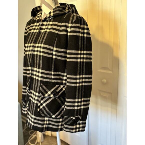 Black White Plaid Jacket Hoodie Giacca Gallery Large Soft Lined Back Yoke - Picture 4 of 9